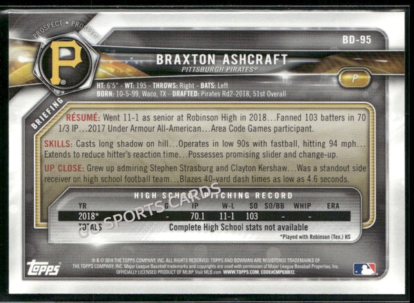 2018 Bowman Draft Sky Blue /499 Braxton Ashcraft 1st #BD-95 RC