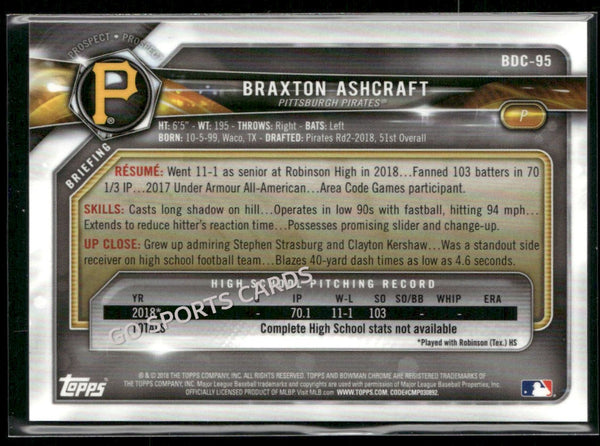2018 Bowman Draft Chrome Purple /250 Braxton Ashcraft 1st #BDC-95 RC