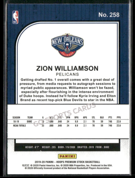 2019-20 Panini NBA Hoops Premium Stock Zion Williamson #258