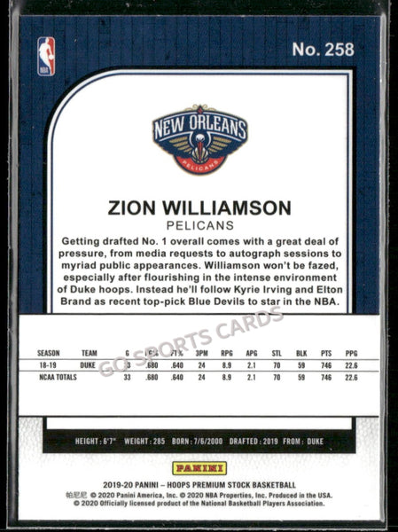 2019-20 Panini NBA Hoops Premium Stock Zion Williamson #258 Variation