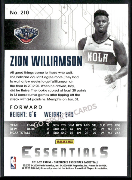 2019-20 Panini Chronicles Zion Williamson Essentials #210 Teal