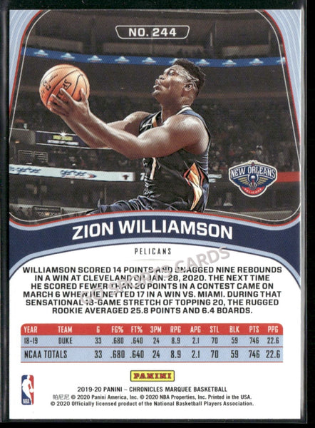 2019-20 Panini Chronicles Zion Williamson Marquee Pink #244