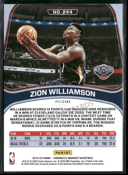 2019-20 Panini Chronicles Zion Williamson Marquee Bronze #244