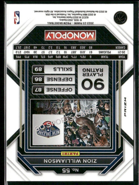 2022-23 Panini Prizm Monopoly Zion Williamson Gold Shimmer /500 #55