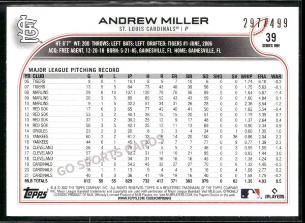 2022 Topps Series 1 Green Foilboard /499 Andrew Miller #39 Foil