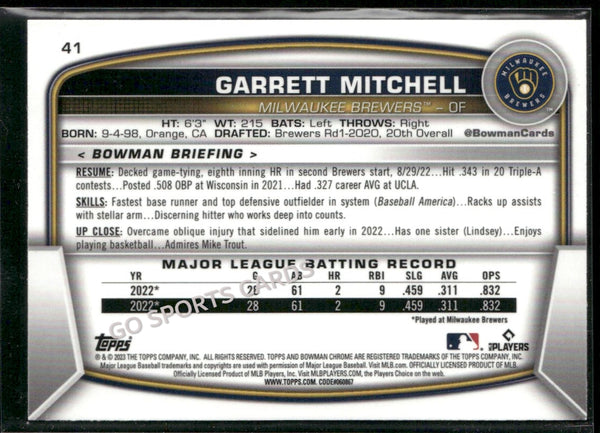 2023 Bowman Chrome Mojo Garrett Mitchell #41 RC Rookie