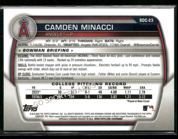 2023 Bowman Chrome Draft Prospects 1st Gold Refractor /50 Camden Minacci #BDC-23