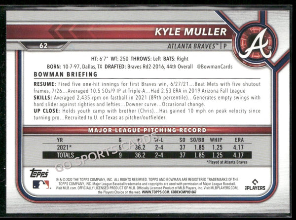2022 Bowman Purple Parallel /199 Kyle Muller #62 RC