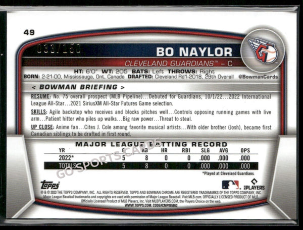 2023 Bowman Chrome Blue Refractor /150 Bo Naylor #49 RC