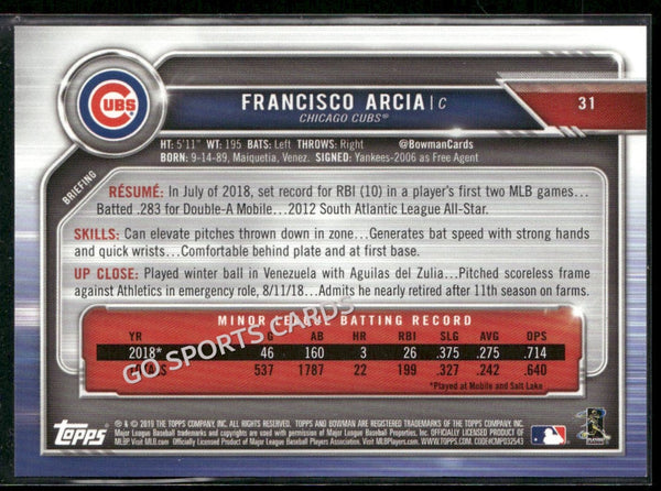 2019 Bowman Sky Blue Border /499 Francisco Arcia RC