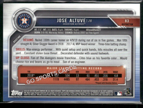 2019 Bowman Chrome Baseball Refractor 498 /499 Jose Altuve #83