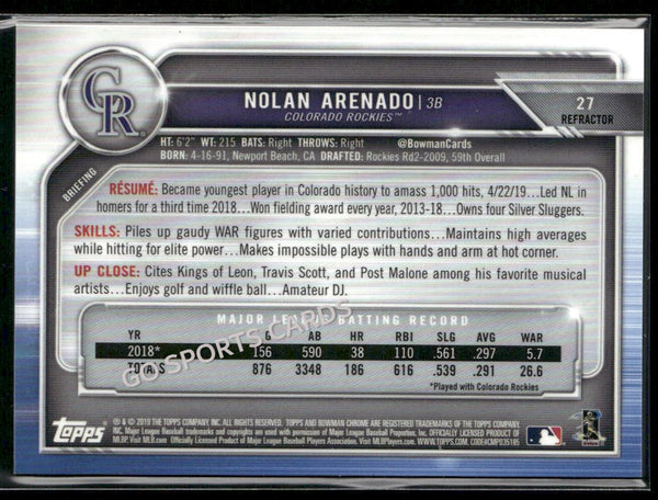 2019 Bowman Chrome Refractor /499 Nolan Arenado #27
