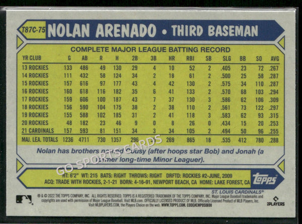 2022 Topps Chrome Gold Mojo Nolan Arenado 1987 35th Anniversary #T87C-75