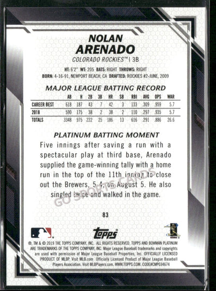2019 Bowman Platinum Purple /250 Nolan Arenado #83
