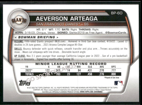 2023 Bowman Prospects Neon Green /399 Aeverson Arteaga #BP-60