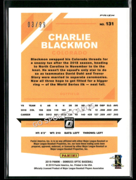 2019 Donruss Optic Veterans Orange Prizm /99 Charlie Blackmon #131