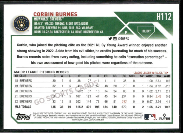 2023 Topps Holiday Corbin Burnes Santa Hat Variation #H112