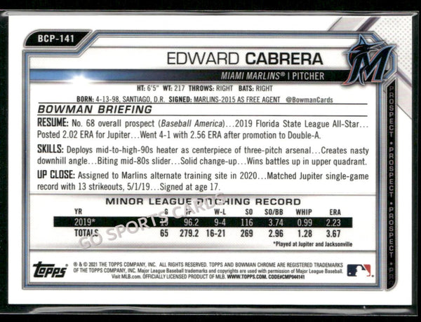 2021 Bowman Chrome Prospects Speckle Refractor /299 Edward Cabrera #BCP-141 RC
