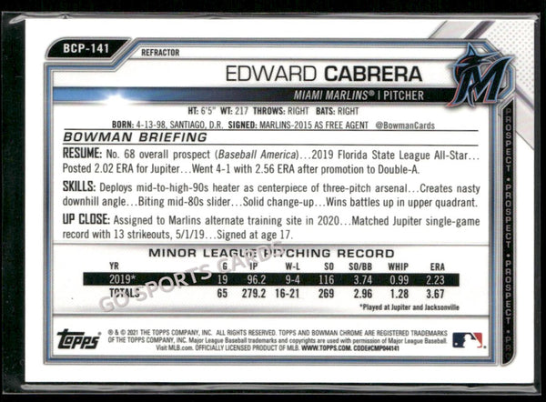 2021 Bowman Chrome Prospects Refractor /499 Edward Cabrera #BCP-141 RC