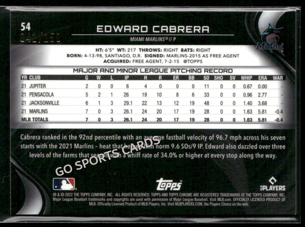 2022 Topps Chrome Black Edward Cabrera Purple Refractor /150 #54 RC