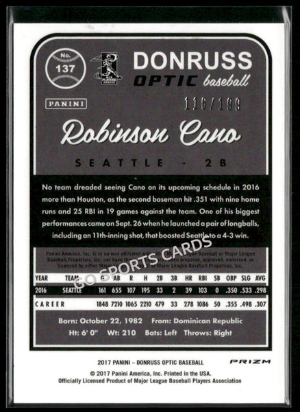 2017 Donruss Optic Orange Prizm /199 Robinson Cano #137