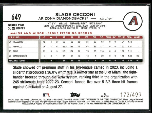 2024 Topps Series 2 Green Foil /499 Slade Cecconi #649 RC
