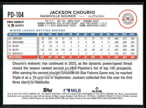 2024 Topps Pro Debut Jackson Chourio #PD-104 RC