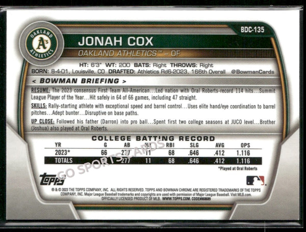 2023 Bowman Draft Chrome 1st Blue Refractor /150 Jonah Cox #BDC-135 RC