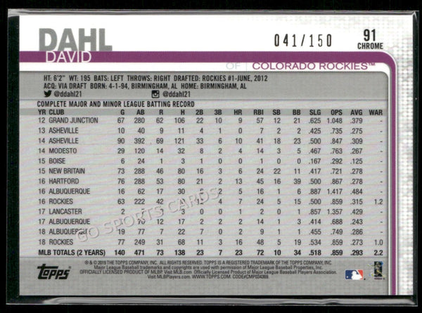 2019 Topps Chrome Blue Refractor /150 David Dahl #91