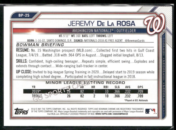 2021 Bowman Prospects Purple /250 Jeremy De La Rosa #BP-25 RC