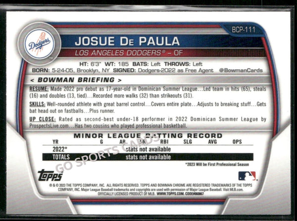 2023 Bowman Chrome 1st Mega Box Mojo Refractor Josue De Paula #BCP-111 RC