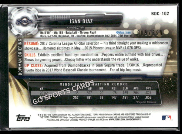 2017 Bowman Draft Chrome Sky Blue Refractor /399 Isan Diaz #BDC-102