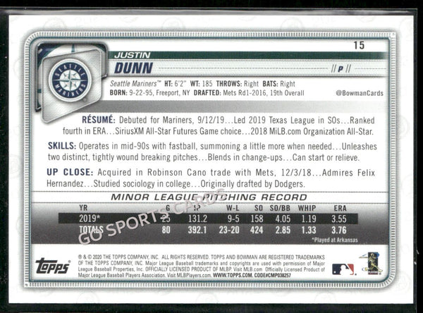 2020 Bowman Blue /150 Justin Dunn #15
