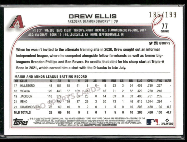 2022 Topps Chrome Aqua Wave Refractors /199 Drew Ellis #77 RC