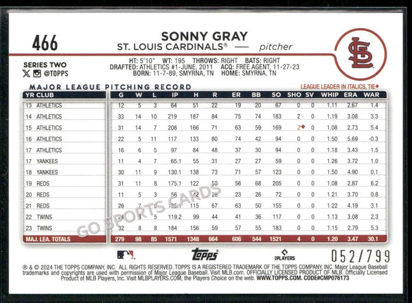 2024 Topps Series 2 Purple Foil /799 Sonny Gray #466