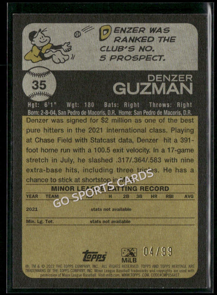 2022 Topps Heritage MiLB Blue /99 Denzer Guzman #35 RC