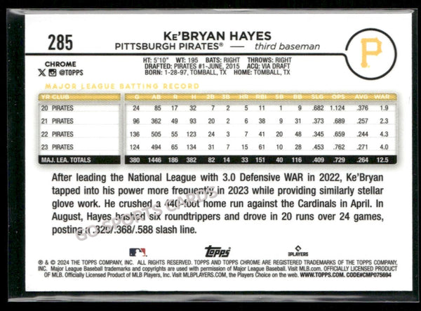 2024 Topps Chrome Purple Sonar Refractor /275 Ke'Bryan Hayes #285