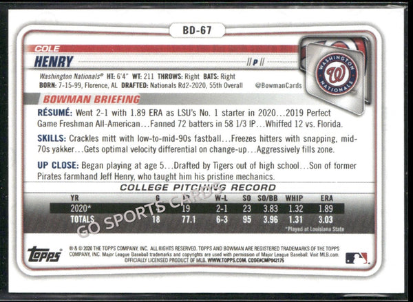 2020 Bowman Draft Green /99 1st Cole Henry #BD-67 RC