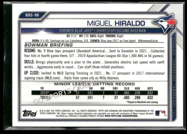 2021 Bowman Chrome Draft Purple /250 Miguel Hiraldo #BDC-98 RC