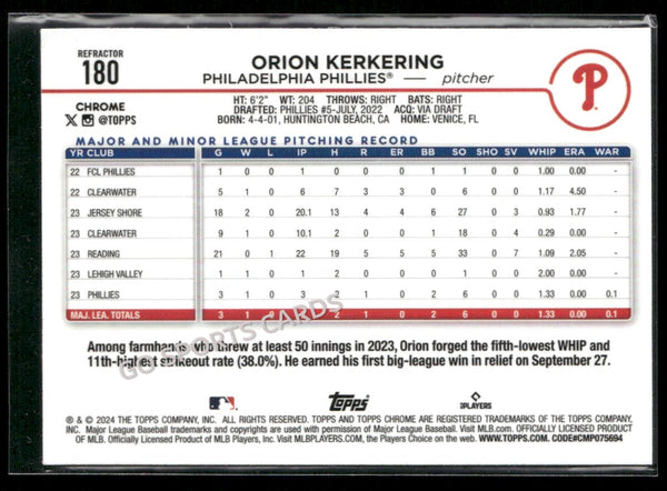 2024 Topps Chrome Refractor Orion Kerkering #180 RC