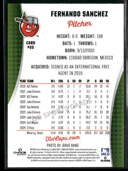 2025 Fort Wayne TinCaps Fernando Sanchez