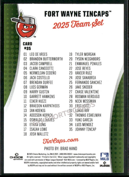 2025 Fort Wayne TinCaps Checklist Johnny Tincap Mascot