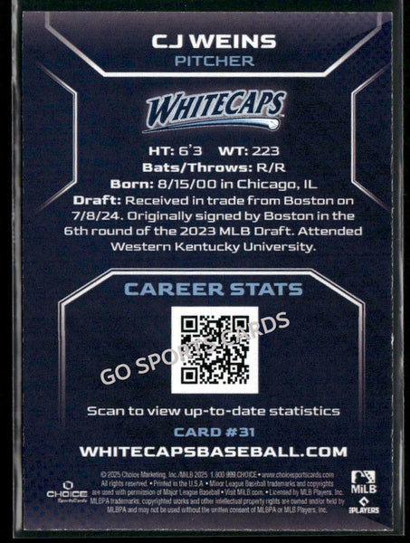 2025 West Michigan Whitecaps CJ Weins
