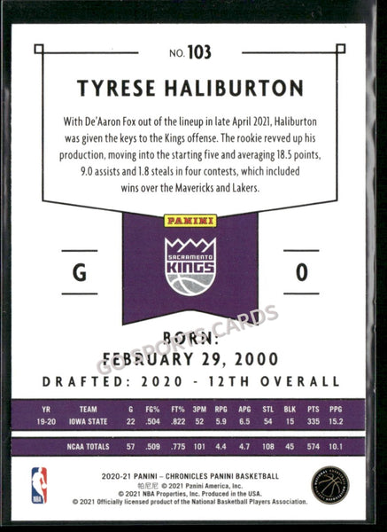 2020-21 Panini Chronicles Tyrese Haliburton #103 RC