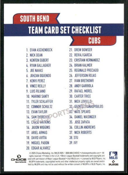 2025 South Bend Cubs Header Checklist