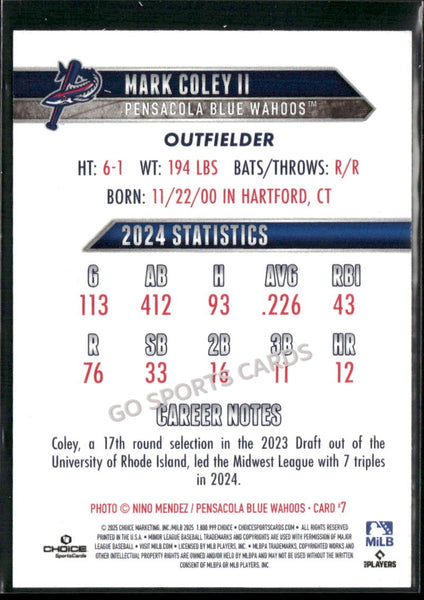 2025 Pensacola Blue Wahoos Mark Coley II