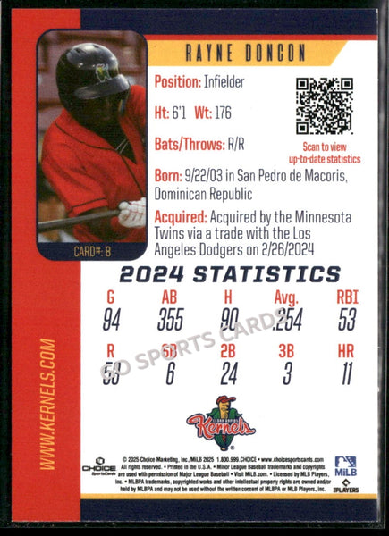 2025 Cedar Rapids Kernels Rayne Doncon