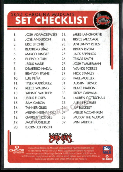 2025 Carolina Mudcats Header Checklist