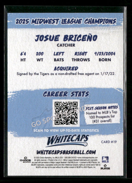 2025 West Michigan Whitecaps Champions Josue Briceno
