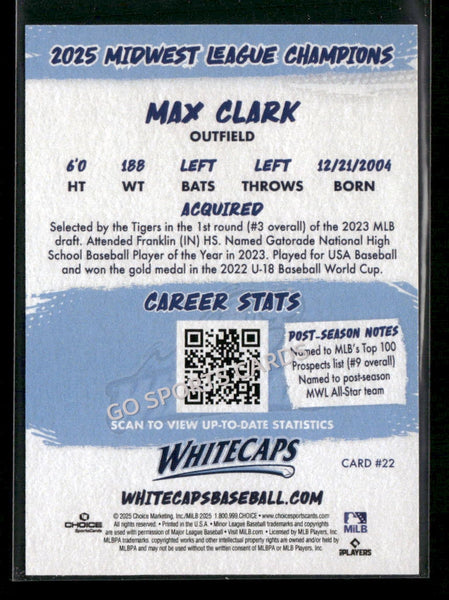 2025 West Michigan Whitecaps Champions Max Clark